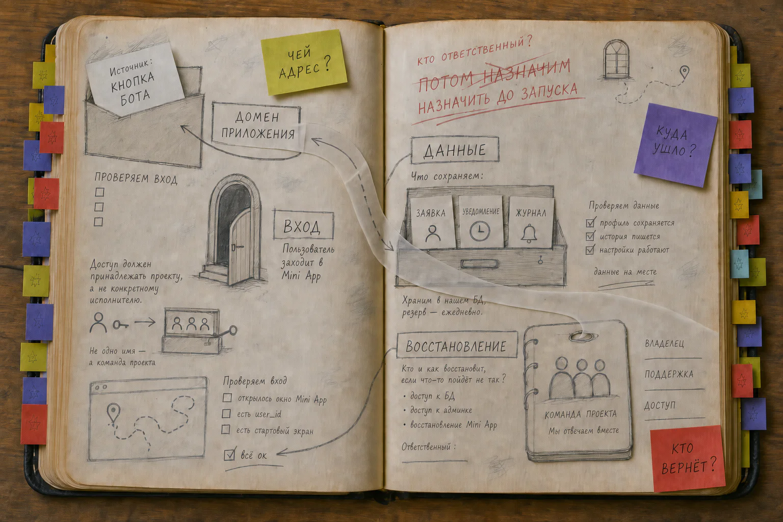 Раскрытая рабочая книга с карандашной картой Mini App: адрес, проверка входа, путь данных и человек, который может восстановить работу