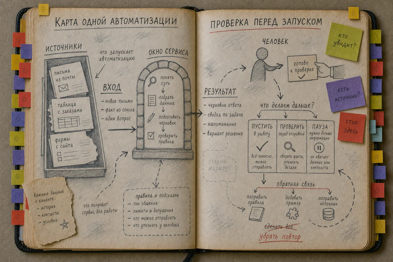 Раскрытая рабочая книга с картой одной автоматизации: вход, результат, владелец и передача человеку.