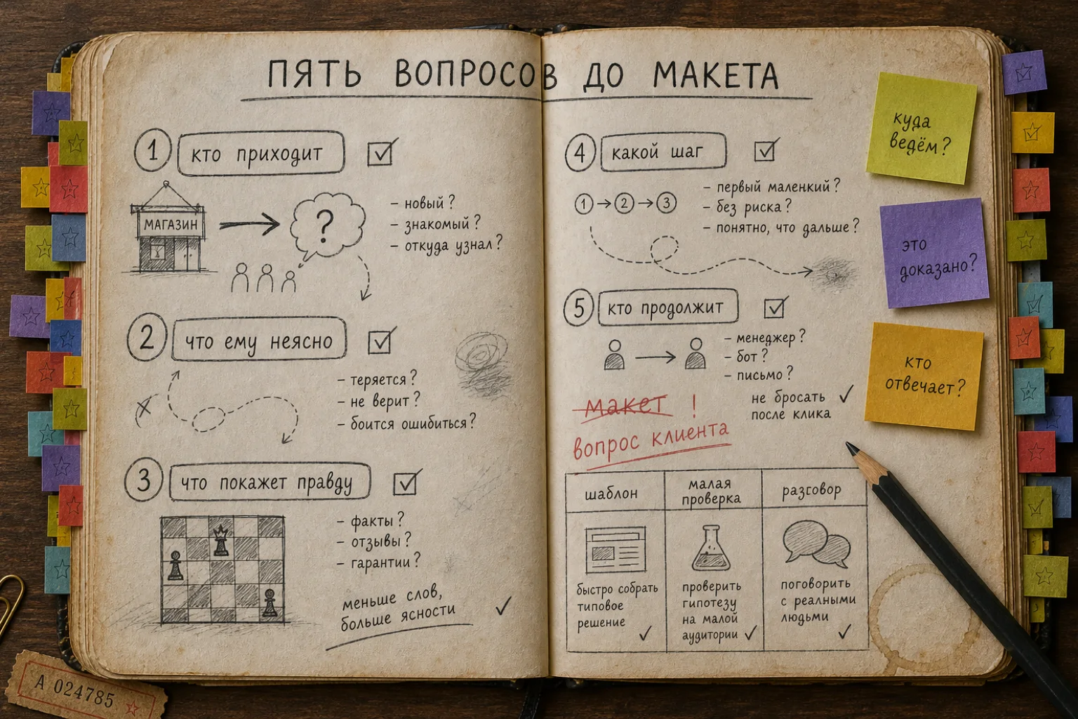 Раскрытая рабочая книга с пятью вопросами о клиенте, доказательстве, следующем шаге и владельце продолжения.
