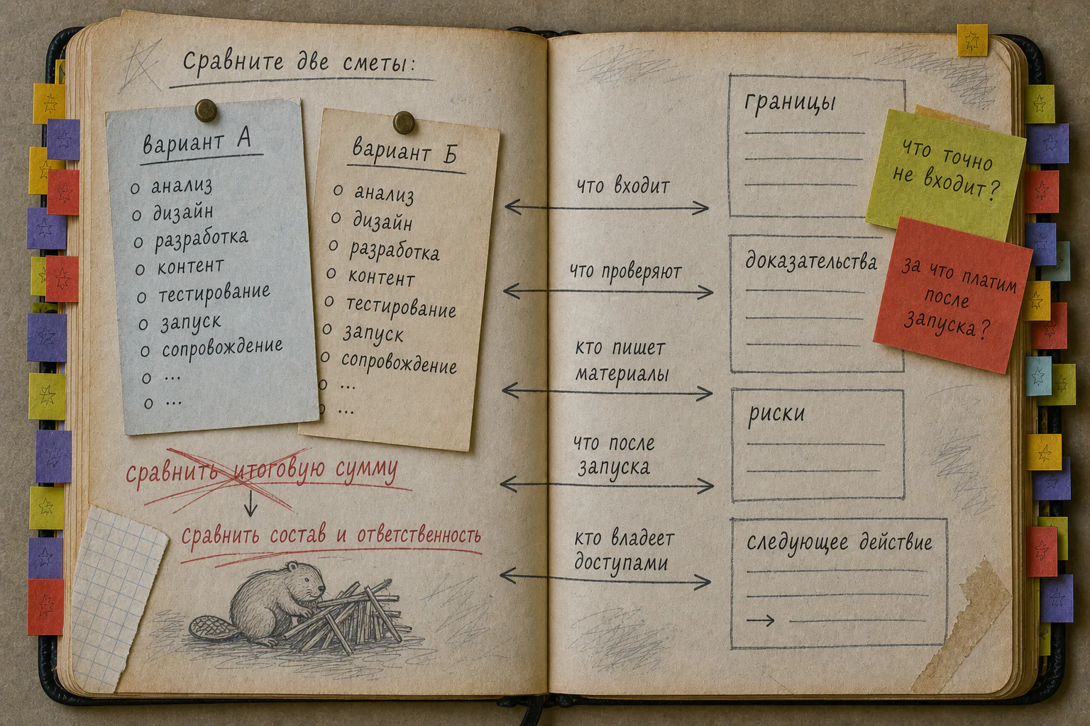 Старая рабочая книга со сравнением двух смет по составу работ, доказательствам и ответственности
