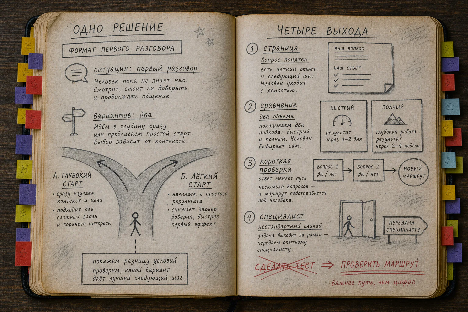 Раскрытая рабочая книга с заполненной картой одного решения: входная ситуация, условия, доказательство, варианты продолжения и красная правка о проверке маршрута.