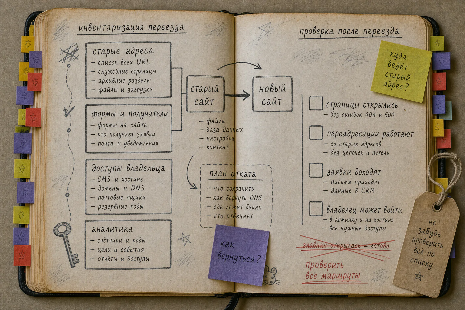 Старая рабочая книга с инвентаризацией адресов, заявок, доступов и плана отката при переносе сайта